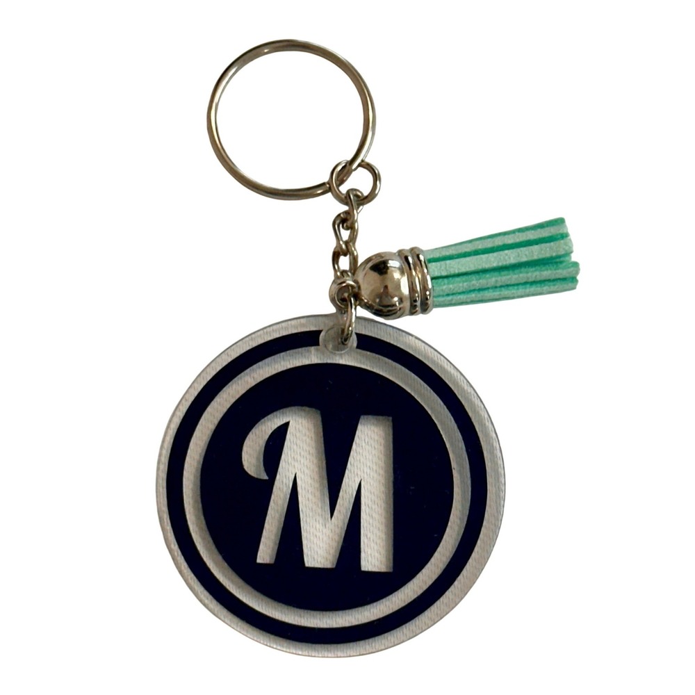 Handcrafted Monogram Letter M Keychain Navy Blue Acrylic‎ Mint Green Tassel NEW